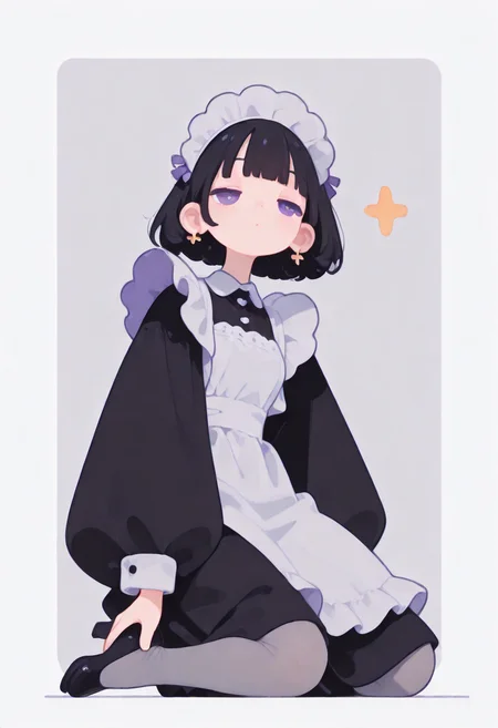 masterpiece, best quality, amazing quality, absurdres, newest, 1girl, solo, black hair, bobcut, purpleeyes, blunt bangs, tight gossamer very short victorian black maid dress, maid apron, 
pastel hotel background with thick white border,
half closed eyes, distant gaze, unfocused eyes, 
popping out of background, full body, from below, kneeling on one knee, windy, 
dynamic pose, 
grey tights, skinny upper body, matte grey tights, thick greytights, pumps,
 [skinny upper body], translucent skin, [[chubby thick legs]], bottom heavy,
ultra-realistic, Flatline, Flat vector illustration, haiz_ai, no lineart, no outline,
pplegs,  
<lora:haiz_ai_illu:0.8> <lora:flatline:1.65>  <lora:ponyv6_noobE11_2_adamW:0.25>  <lora:Slider-LimbWidth:1.75> <lora:Slider-LegLength:-1.5>  <lora:v0.04_Concept_pony:0.66>