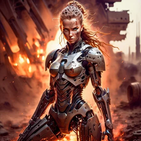 techmai female warrior on the battlefield, expressive <lora:techmai:1>