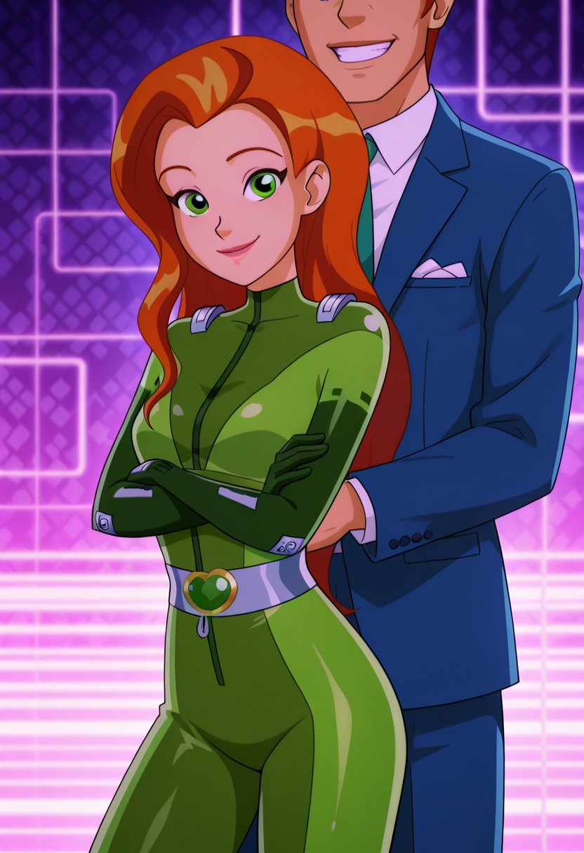 masterpiece, best quality, good quality,  cartoon, totally_spies_2k24, sam, orange hair, green eyes, green bodysuit, sexy, medium breasts, beautiful, detailed, high detailed, very beautiful, detailed face, detailed eyes, detailed hand, abstract background, neon, smile, posing, standing, crossed arms, looking at viewer, face focus magazine cover OCBF as title, tall male red haired male, standing behind female, male holding female, Male suit and tie, male unzipping bodysuit, bra