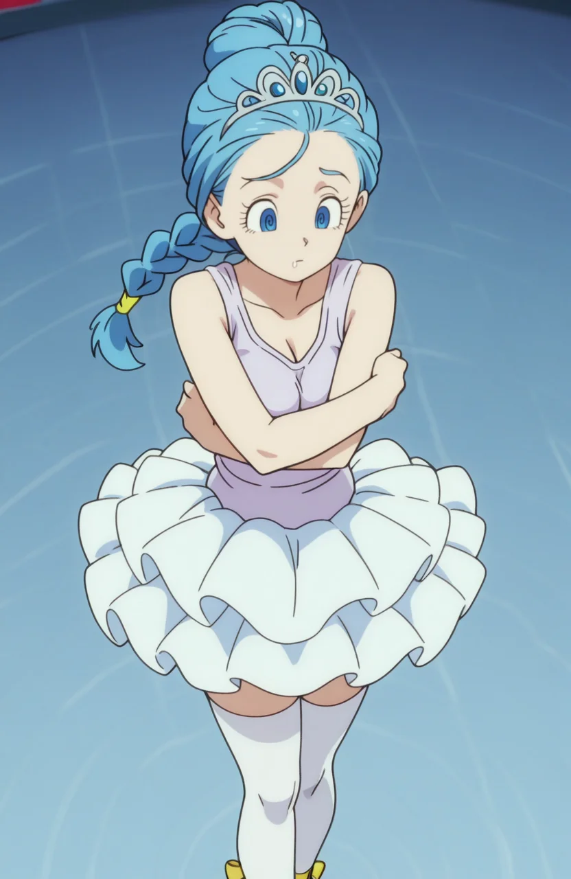 <lora:anatomy_helper:0.8> 1girl, solo, <lora:Broly_v1:0.9> dbsb,
ballet uniform, sleeveless leotard, tutu skirt, white thighhighs, ballet shoes, tiara, hair bun, bulma, blue eyes, blue hair, hair slicked back, braided ponytail ,
mosaic background, expressionless, emotionless_sex, @_@, spiral-only eyes, blank_stare, spiral,drool,,self hug, extremely detailed, highres, masterpiece, best quality
