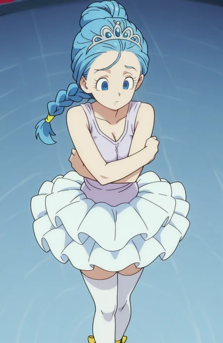 <lora:anatomy_helper:0.8> 1girl, solo, <lora:Broly_v1:0.9> dbsb,
ballet uniform, sleeveless leotard, tutu skirt, white thighhighs, ballet shoes, tiara, hair bun, bulma, blue eyes, blue hair, hair slicked back, braided ponytail ,
mosaic background, expressionless, emotionless_sex, @_@, spiral-only eyes, blank_stare, spiral,drool,,self hug, extremely detailed, highres, masterpiece, best quality