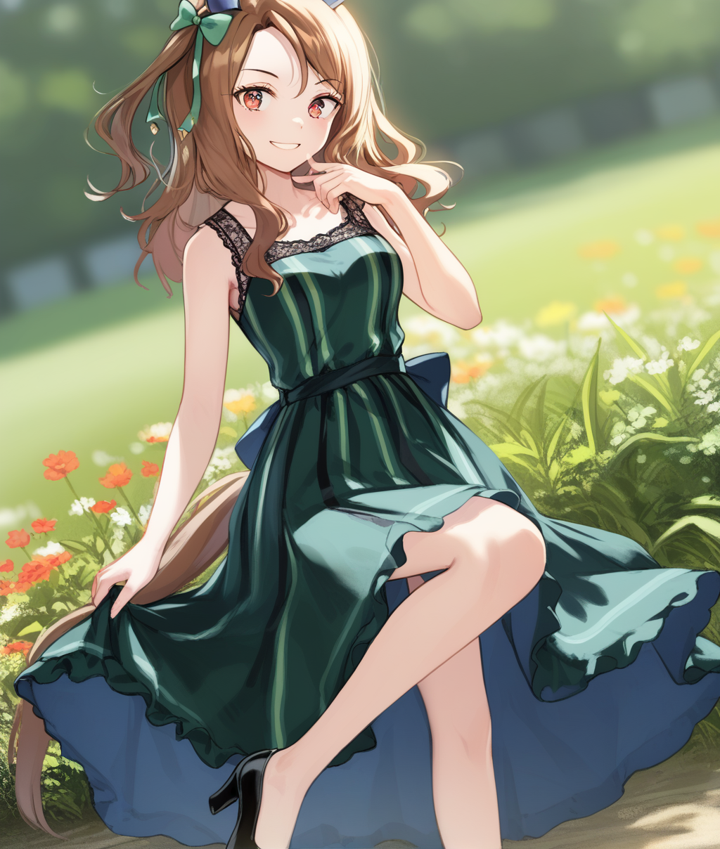 score_9, score_8_up, score_7_up BREAK
casual_clothes, 1girl, solo, long hair, blush, smile, bangs, brown hair, dress, bow, animal ears, hair bow, outdoors, black footwear, grin, blurry, black dress, dated, ^ ^, horse ears, horse girl, horse tail, green bow, green dress, sunset, photo \(object\), ear covers, dynamic pose, perspective, black footwear, 
<lora:King Halo-ponyXL:1>,