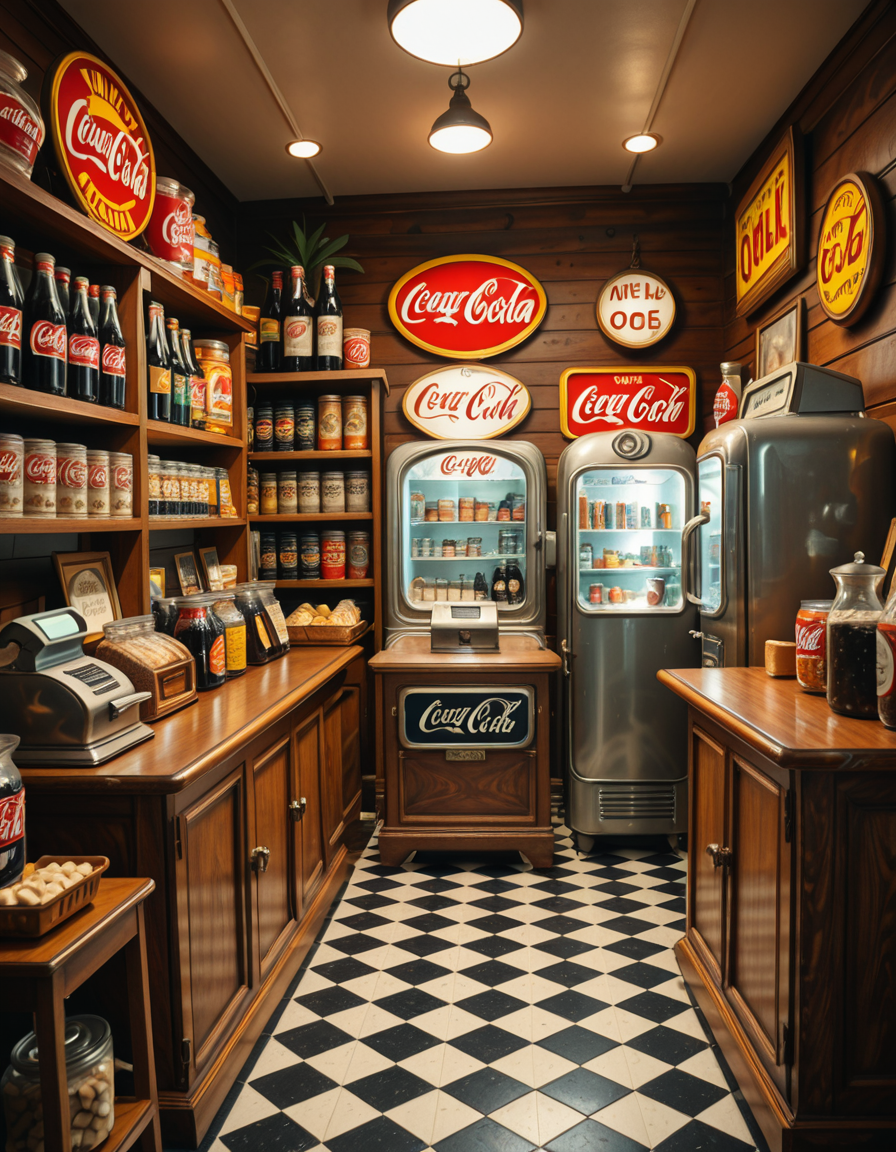A vintage 1950s grocery store filled with nostalgic details. Wooden shelves neatly stocked with classic canned goods, glass soda bottles, and colorful retro packaging. An old-fashioned cash register sits on the wooden counter, next to a small scale for weighing produce. The checkered black-and-white tile floor adds to the mid-century charm, while hand-painted signs on the walls advertise milk, bread, and coffee in bold, retro fonts. A display of penny candy in glass jars sits near the entrance, and a vintage Coca-Cola refrigerator hums in the background. Soft, warm lighting casts a nostalgic glow over the scene, enhancing the rich textures of wood, glass, and metal, capturing the essence of a bygone era.
<lora:SDXLFaeTastic2400:0.4> <lora:extremely_detailed:0.4> extremely detailed
,1950s grocery st0r3, <lora:1950s_grocery_st0r3-i:1>, Masterpiece,best quality,hi res,8k,hi res,8k,award winning,(sharp focus, intricate, highly detailed),