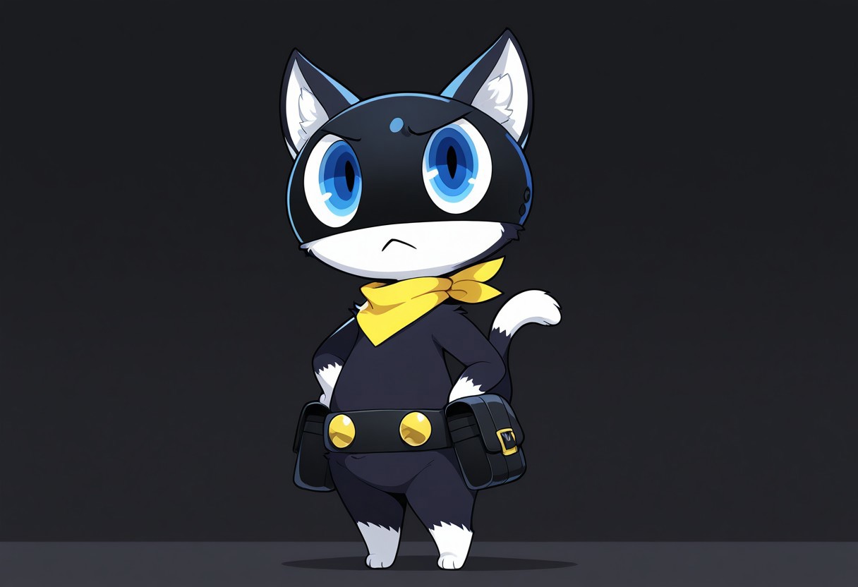 masterpiece, best quality, amazing quality, chromatic abberation, solo, full body, no humans, morgana_\(persona\), cat, furry, chibi, anthro, standing, blue eyes, cat ears, cat tail, two tone fur, black body, white paws, white tipped tail, black mask, white face, white animal ear fluff, yellow bandana, black utility belt, gold belt buttons, black belt bags, :3