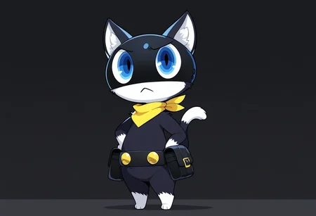 masterpiece, best quality, amazing quality, chromatic abberation, solo, full body, no humans, morgana_\(persona\), cat, furry, chibi, anthro, standing, blue eyes, cat ears, cat tail, two tone fur, black body, white paws, white tipped tail, black mask, white face, white animal ear fluff, yellow bandana, black utility belt, gold belt buttons, black belt bags, :3