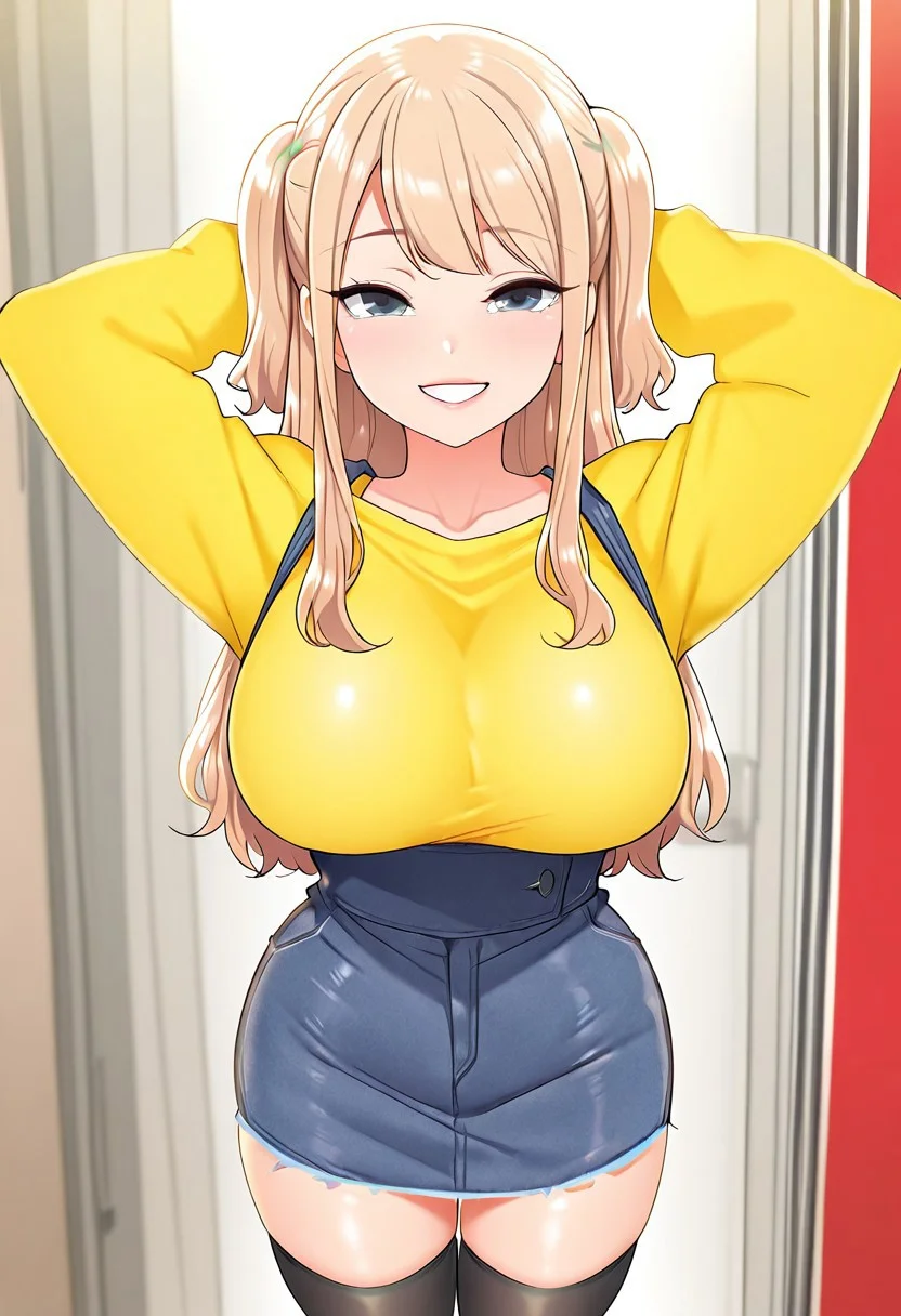 1girl, solo, (( <lora:kousaka_airi:1> , kousaka_airi, beautiful light blue eyes, clear eyes, bright pupils, beautiful eyes, beautiful blonde hair, beautiful long hair with twintails, long sideburns, bangs, huge and shaggy breasts, short busty woman, thin waist, wide hips, beautiful skin, natural beauty, extraordinary beautiful woman, attractive woman, super sexy woman, lustful body, sexy woman with seductive obscene body, sensual body, voluptuous body, sexy beauty, )) , ((long-sleeves yellow top, denim overall skirt, black thighhighs, )) , looking at viewer, sexy pose, cowboy shot, seducative smile, sexy, hands behind head, <lora:the_delivery_man_style:1> , the_delivery_man_style