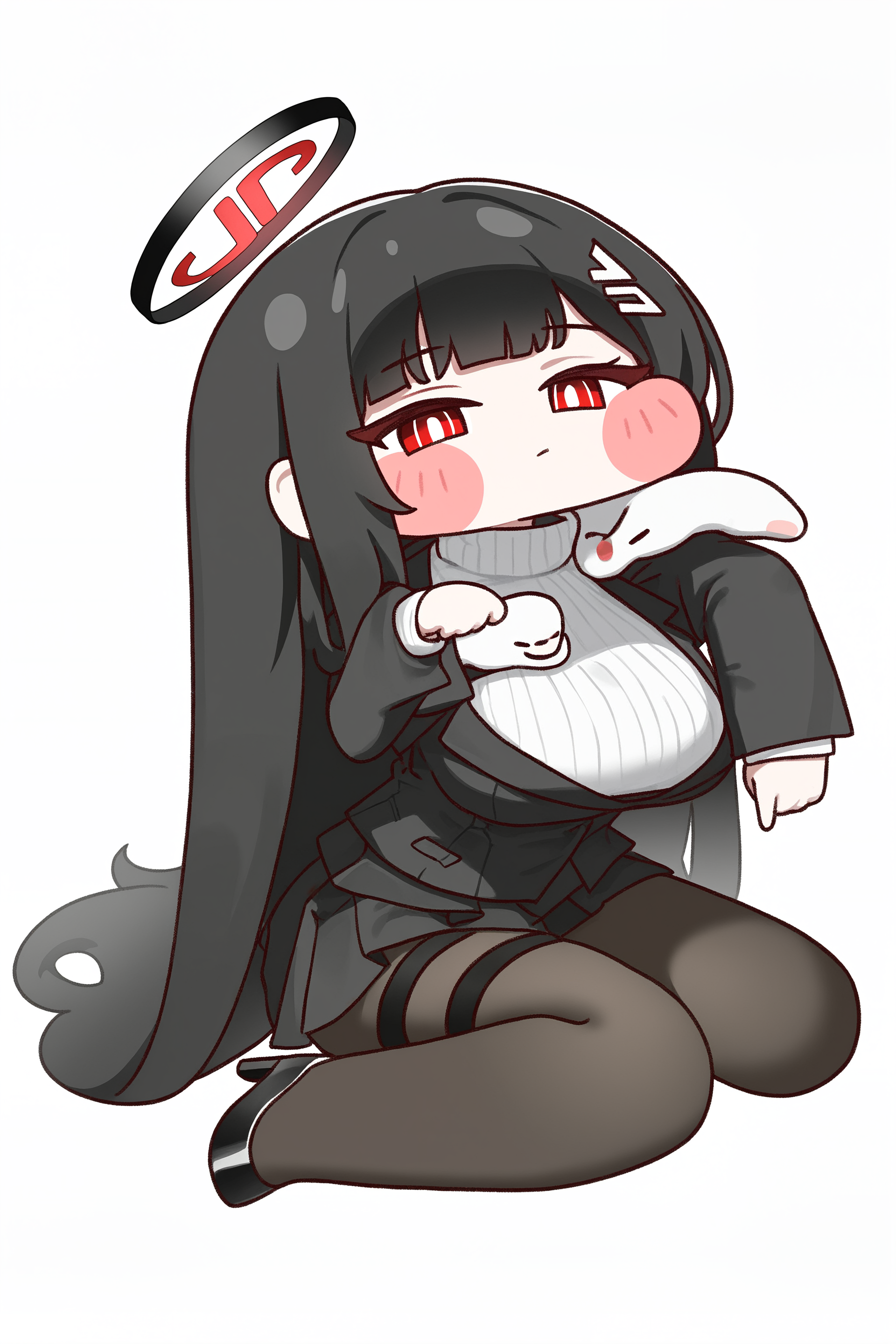 (trickcalcg, trickcal, chibi, chibi only:1.3), blush, blush stickers, blue archive, rio \(blue archive\), 1girl, black hair, black halo, black jacket, black pantyhose, black skirt, breasts, bright pupils, full body, hair ornament, hairclip, halo, head on arm, high heels, jacket, large breasts, long hair, multicolored halo, pantyhose, pleated skirt, red eyes, sitting, skirt, sweater, thigh strap, turtleneck, turtleneck sweater, two-tone halo, wariza, white background, 
(masterpiece, best quality, absurdres, highres, newest, very awa:1.2), 