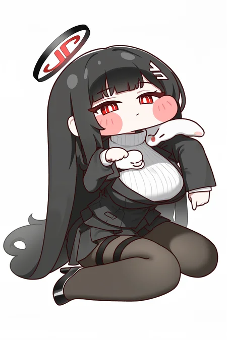 (trickcalcg, trickcal, chibi, chibi only:1.3), blush, blush stickers, blue archive, rio \(blue archive\), 1girl, black hair, black halo, black jacket, black pantyhose, black skirt, breasts, bright pupils, full body, hair ornament, hairclip, halo, head on arm, high heels, jacket, large breasts, long hair, multicolored halo, pantyhose, pleated skirt, red eyes, sitting, skirt, sweater, thigh strap, turtleneck, turtleneck sweater, two-tone halo, wariza, white background, 
(masterpiece, best quality, absurdres, highres, newest, very awa:1.2), 