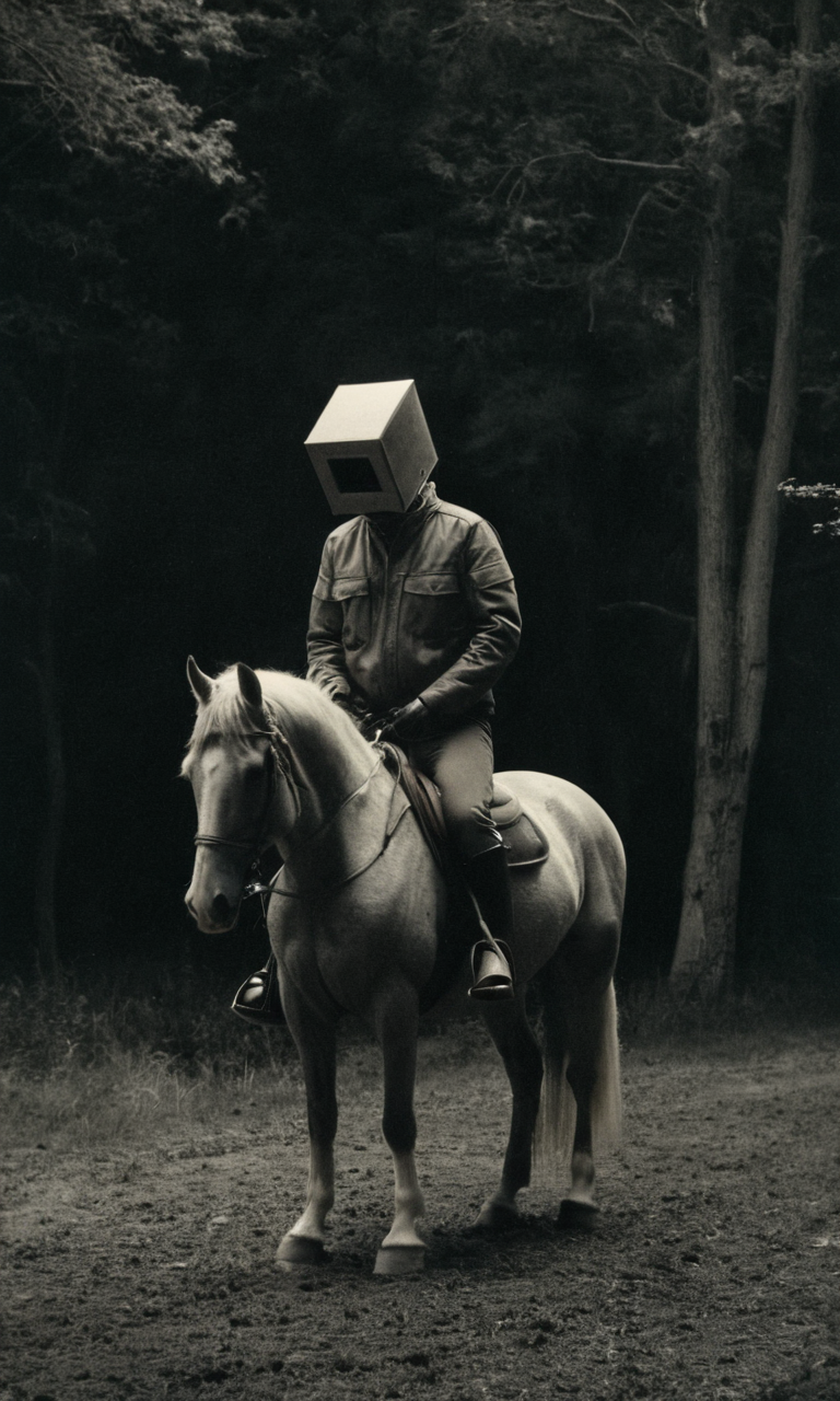 analog film photo man, jacket, outdoors, animal, riding, dark, horse, box head, empty background, loneliness, huleebstyle, helmet, dark, greyscale, <lora:HuleebStyle_v1:0.85> . faded film, desaturated, 35mm photo, grainy, vignette, vintage, Kodachrome, Lomography, stained, highly detailed, found footage