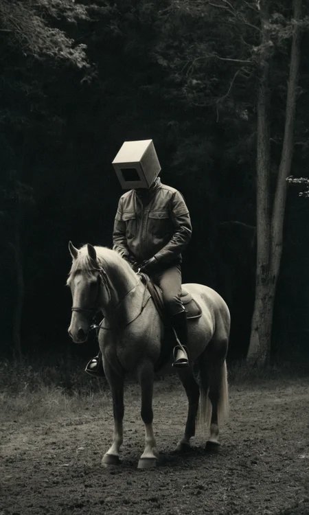 analog film photo man, jacket, outdoors, animal, riding, dark, horse, box head, empty background, loneliness, huleebstyle, helmet, dark, greyscale, <lora:HuleebStyle_v1:0.85> . faded film, desaturated, 35mm photo, grainy, vignette, vintage, Kodachrome, Lomography, stained, highly detailed, found footage