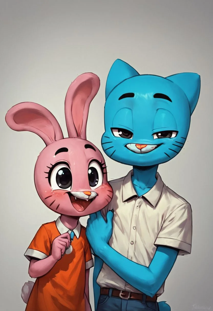 Portrait , duo
zPDXL, score_9, score_8_up, score_7_up, score_6_up, score_5_up, score_4_up, Gumball_watterson, male, furry, anthro, 1boy, furry male, duo, portrait, cat, cat ears, blue skin, young , expressive face , happy, smile
BREAK
Standing, cute, happy , smile, anais_waterson, orange dress, duo, rabbit, pink skin
BREAK
Family picture, big brother and little Sister , (seize difference:1.2),
