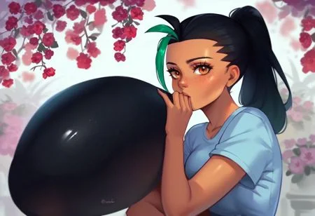score_9, score_8_up, score_7_up, score_6_up, score_5_up, score_4_up, source_anime 1girl, solo, nemona (pokemon), (blowing black balloon, b2p), looking at viewer, garden background, mid shot