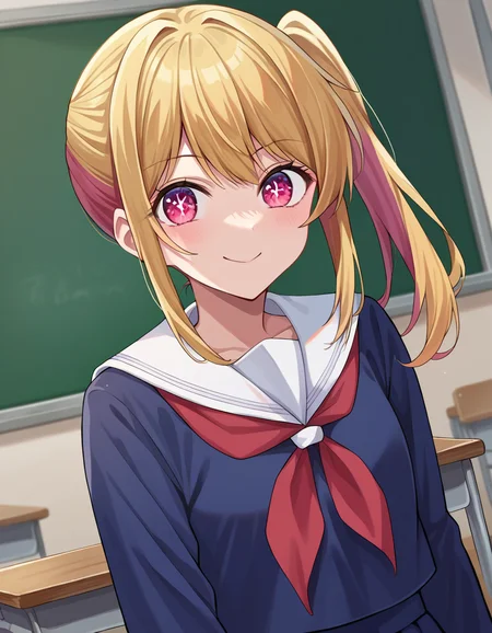 score_9, score_8_up, score_7_up, source_anime,
rubyhoshino, <lora:ruby-hoshino-ponyxl-lora-nochekaiser:1>,
ruby hoshino, long hair, bangs, blonde hair, pink eyes, sidelocks, symbol-shaped pupils, multicolored hair, two-tone hair, smile,
side ponytail, long sleeves, school uniform, serafuku, sailor collar, neckerchief, cardigan, red neckerchief, white sailor collar, skirt, blue skirt,
indoors, classroom,
looking at viewer, cowboy shot, dutch angle,