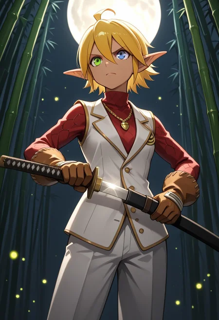 masterpiece, best quality, tomboy, blue eyes, jewelry, heterochromia, brown gloves, long sleeves, shoes, dark elf, scale armor, red shirt, dark-skinned female, blonde hair, hair between eyes, necklace, red carpet, white pants, green eyes, ahoge, pants, aura bella fiora, 1girl, pointy ears, tiny breasts, short hair, , white vest,
outdoors, (bamboo forest), full moon, night, battoujutsu stance, ready to draw, fighting stance, unsheathing, sheath, holding sheath, cowboy shot, looking ahead, (hakama pants), fireflies, dark theme, dim lighting, dark background, backlighting, v-shaped eyebrows, serious, closed mouth