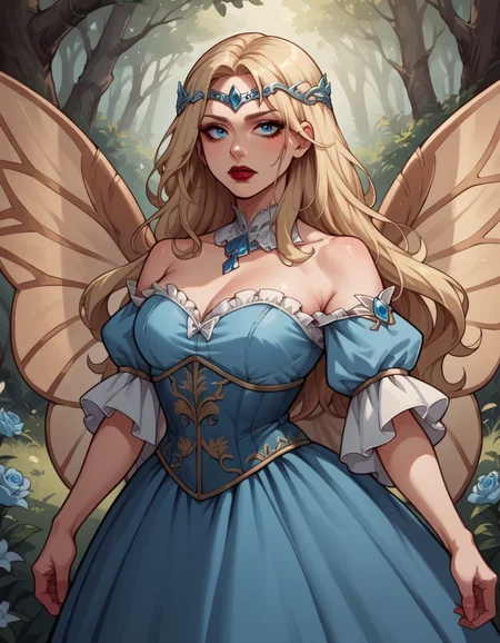 score_9, score_8_up, score_7_up, score_6_up, score_5_up, score_4_up, source_anime, 1girl, long blonde hair, makeup, red lipstick, hud_forest_fairy_dress, blue dress, puffy sleeves, blue floral corset, silver circlet, bare shoulders, wings, <lora:forestfairyxlp_epoch_8:0.6>,