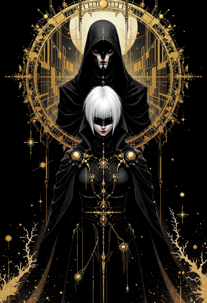 bo-golden, a mysterious figure standing in the center of the frame, positioned directly in front of the camera, with her upper body facing the viewer, she has short, white hair styled in a bob cut and is dressed in a black outfit with intricate designs, her eyes are obscured by a black blindfold, and she holds a sword in her right hand, in the background, a stylized character stands in a dynamic pose, positioned slightly off-center to the right, the character is surrounded by an ornate golden frame, with a fantasy cityscape visible behind them, the overall atmosphere is dark and mysterious<lora:boFLUX Golden Noir Abyss.safetensors:1.0:1.0>