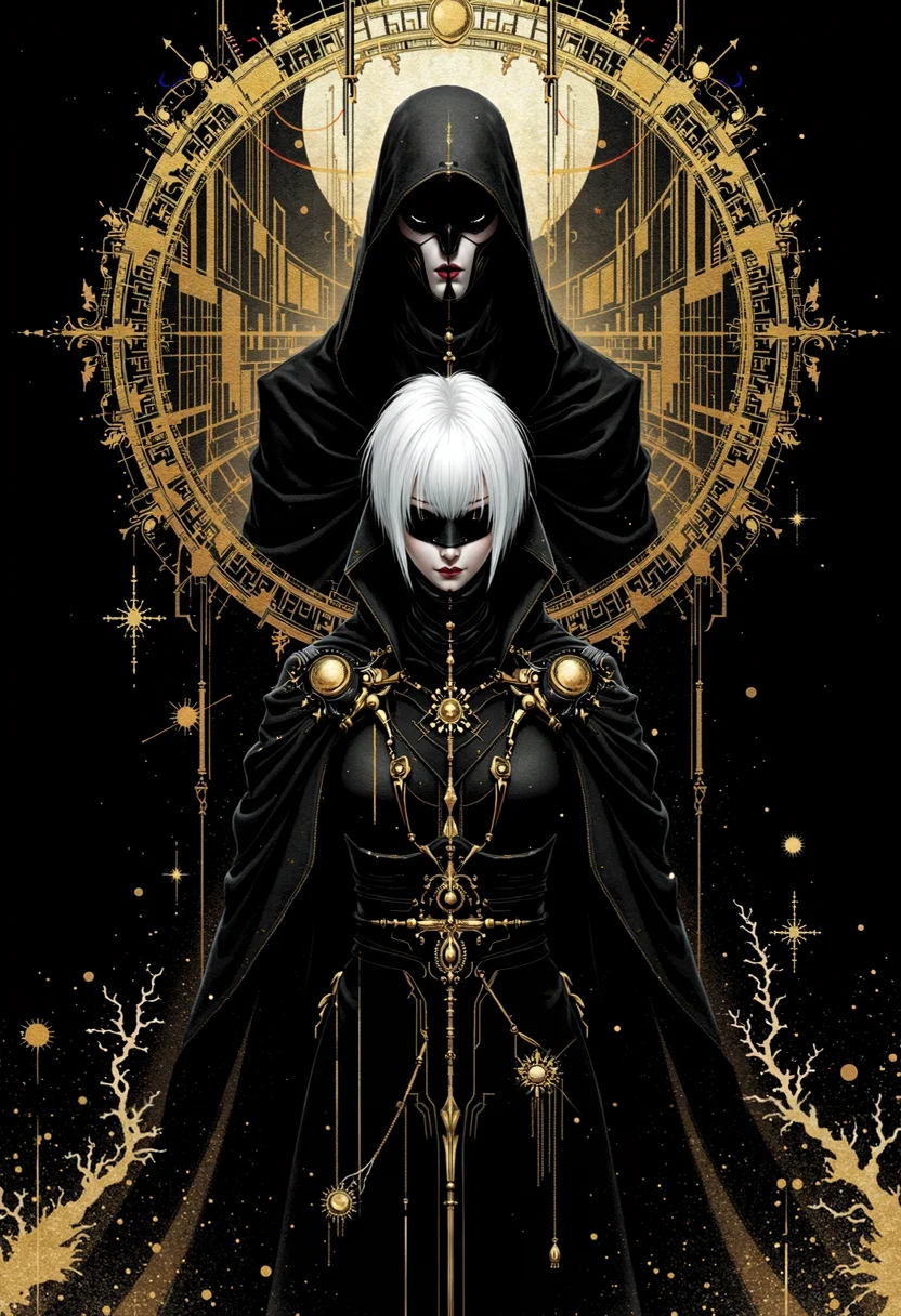 bo-golden, a mysterious figure standing in the center of the frame, positioned directly in front of the camera, with her upper body facing the viewer, she has short, white hair styled in a bob cut and is dressed in a black outfit with intricate designs, her eyes are obscured by a black blindfold, and she holds a sword in her right hand, in the background, a stylized character stands in a dynamic pose, positioned slightly off-center to the right, the character is surrounded by an ornate golden frame, with a fantasy cityscape visible behind them, the overall atmosphere is dark and mysterious<lora:boFLUX Golden Noir Abyss.safetensors:1.0:1.0>