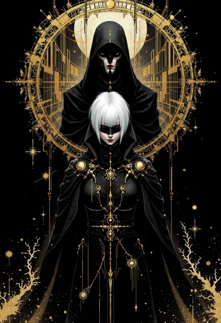 bo-golden, a mysterious figure standing in the center of the frame, positioned directly in front of the camera, with her upper body facing the viewer, she has short, white hair styled in a bob cut and is dressed in a black outfit with intricate designs, her eyes are obscured by a black blindfold, and she holds a sword in her right hand, in the background, a stylized character stands in a dynamic pose, positioned slightly off-center to the right, the character is surrounded by an ornate golden frame, with a fantasy cityscape visible behind them, the overall atmosphere is dark and mysterious<lora:boFLUX Golden Noir Abyss.safetensors:1.0:1.0>