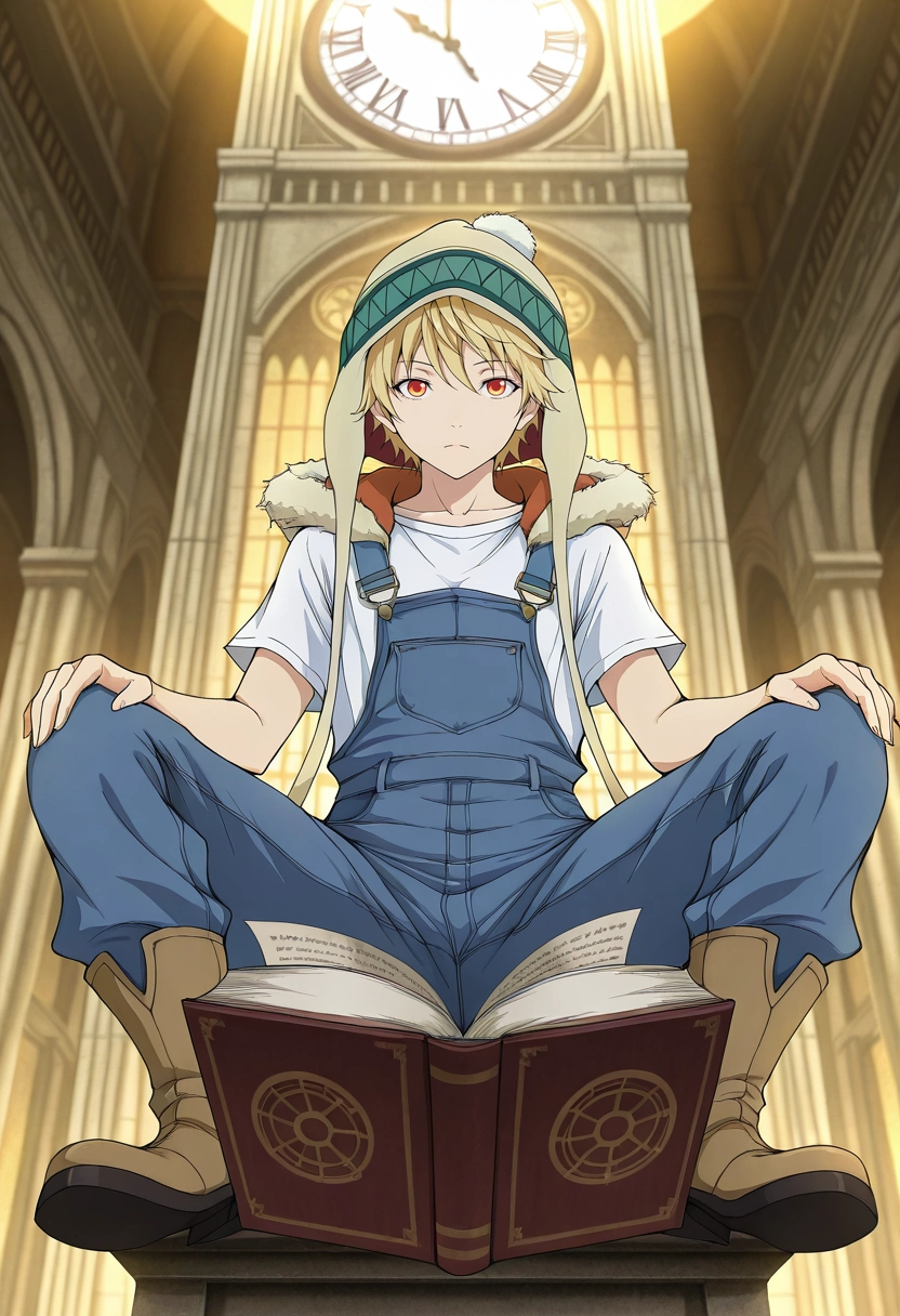 masterpiece, best quality, , anime screencap, anime coloring, official style, looking at viewer, 1boy, solo, male focus, <lora:yukine_noragami_ilxl:0.98>, yukine_noragami, blonde hair, red eyes, orange eyes, hood, fur trim, hat, time library, temporal portals, floating books, clock towers, reading pose, absorbed expression, golden light, Overalls, Mock neck T-shirt, Chukka boots, Gatsby cap,