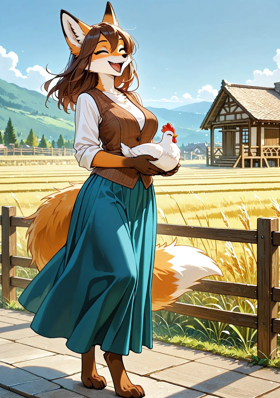safe_pos, Masterpiece, best quality, very aesthetic, Furry Mix, 1girl, (furry), fox, anthro, medium hair, closed eyes, brown hair, Light Blue Eyes, anthro fox girl, Long Hair, black tipped tail, natural breasts, digitigrade, barefoot,
brown vest, white shirt, sleeves rolled up, blue skirt, long skirt, brown shoes,
(holding white chicken), happy, open mouth, very beautiful blue sky, fence, village background, smile,