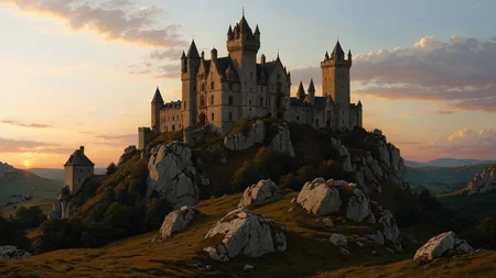 A dilapidated castle atop a craggy hill, its turrets and towers silhouetted against the backdrop of a vivid sunset,  <lora:add-detail-xl:0.8>, ambient lighting,  <lora:EnvyFeverDreamXL01a:0.7>,   <lora:The_Classic:0.8>