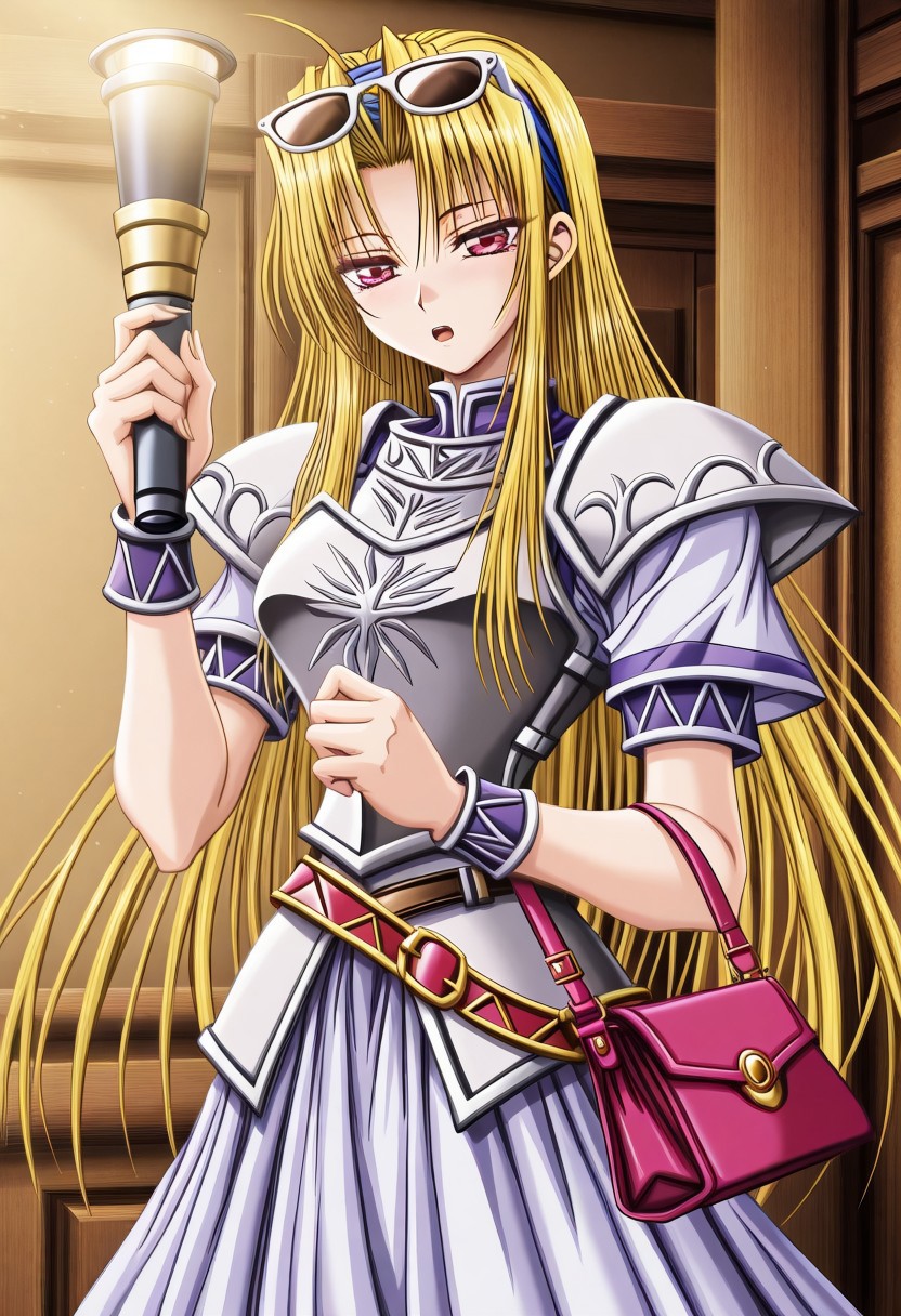 masterpiece, best quality, newest, highres, uncensored, 1girl, yokota mamoru style,1girl,
Tifana Luxembur,Ahoge Hair, Blonde Hair, Curtained Hair, Parted in Middle, Sidehair, Straight Hair, Waist Length Hair,Red Eyes,Slim
Arm Cuffs, Decorative Belt, Dress, Gauntlet, Greave, Headband, Plate Armor, Spaulders
1girl, solo,  long hair, eyewear on head, skirt, handbag, open mouth, sunglasses, flashlight, bag, short sleeves, holding