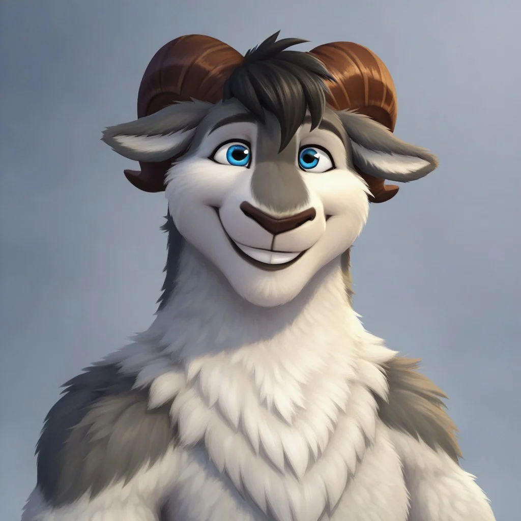 Grey, Grey /Sheep & Wolves/, Sheep, Ram, Long wavy fur, two finger hands, hoof feet, hoof fingers, black lip, black hair, blue eyes, brown horns, floppy ears, furry ears, brown nose, white fur, white wool, grey markings, muscular neck, thick neck, headshot, smiling