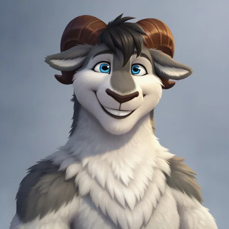 Grey, Grey /Sheep & Wolves/, Sheep, Ram, Long wavy fur, two finger hands, hoof feet, hoof fingers, black lip, black hair, blue eyes, brown horns, floppy ears, furry ears, brown nose, white fur, white wool, grey markings, muscular neck, thick neck, headshot, smiling