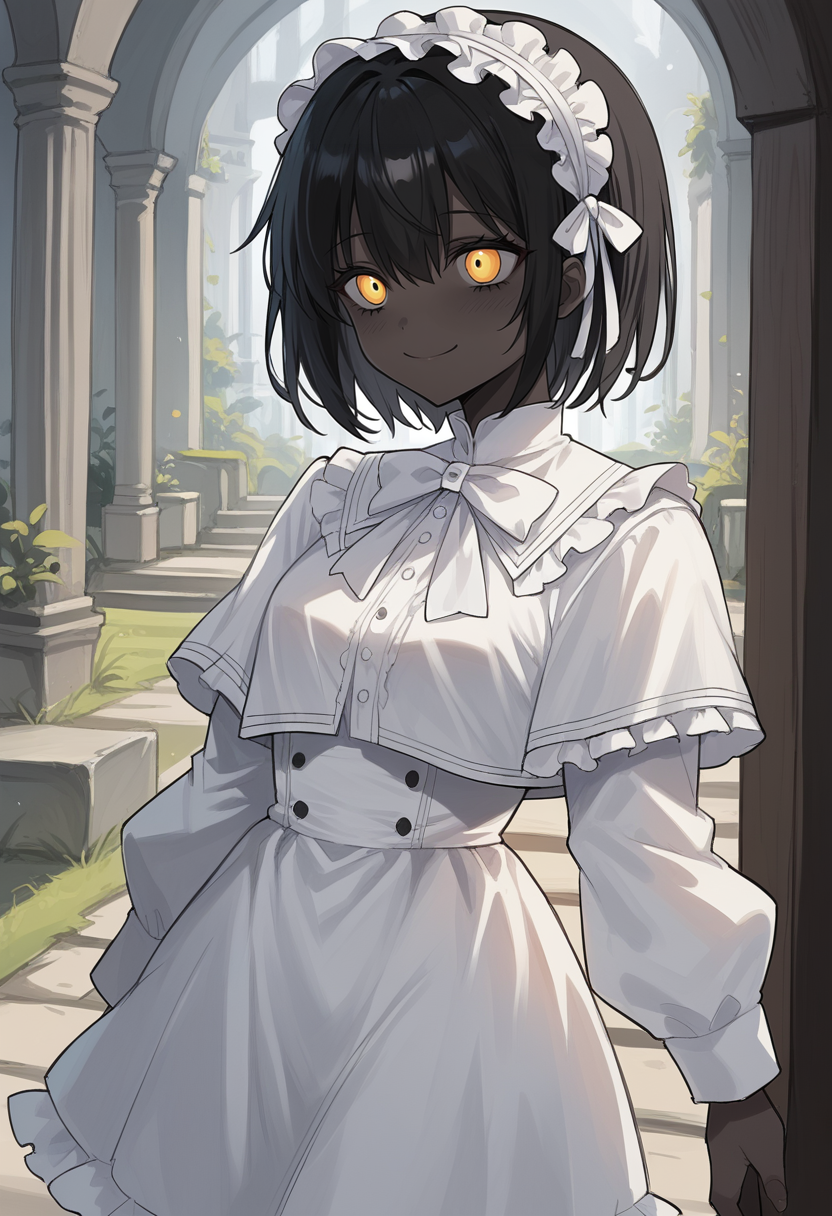 masterpiece, best quality, uncensored, source_anime, score_9, score_8_up, score_7_up, score_6_up, score_5_up, score_4_up, 1girl, solo, theprincess, dark-skinned female, very dark skin, black hair, short hair, yellow eyes, maid headdress, frilled hairband, white dress, long sleeves, capelet, white bow, skirt, thighs, smile, cowboy shot <lora:ThePrincess:0.8>