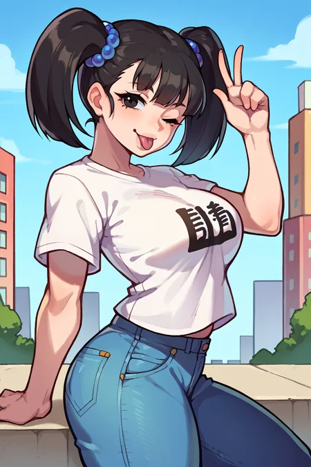 score_9, score_8_up, score_7_up, score_6_up, source_anime, BREAK 1girl, solo, <lora:dq3fighter-pdxl-nvwls-v1-000006:0.9> dq3fighter, black hair, twintails, black eyes, hair ornament, white t-shirt, jeans, wink, looking at you, from side, city, blue sky, big breasts, tongue