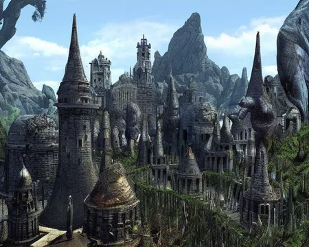 an old ps_game_screenshot of an ancient gothic mountain city, brass pipes, exterior, Lovecraftian, immersive, birds eye view, (concept art by dark souls) <lora:epiNoiseoffset_v2:1.4>
