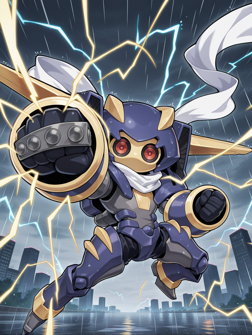 junk warrior,no humans,white scarf,solo,robot,clenched hands,looking at viewer,full body,brass knuckles,chibi,incoming punch,rain,electricity, sky
masterpiece,best quality,amazing quality,very aesthetic,absurdres,newest,<lora:Junk Warrior illuXL v1:0.82>,