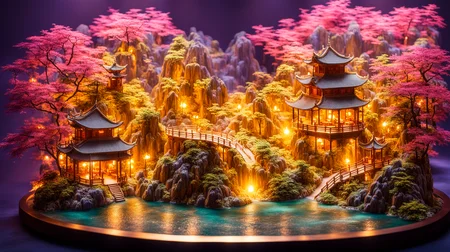 diorama, Chinese garden made of gold, whimsical and fantastical, floating islands in the sky, mythical creatures, rainbow-colored flora, waterfalls flowing upwards, dreamlike ambiance, magical lighting effects <lora:sasuichani-000002:0.8>