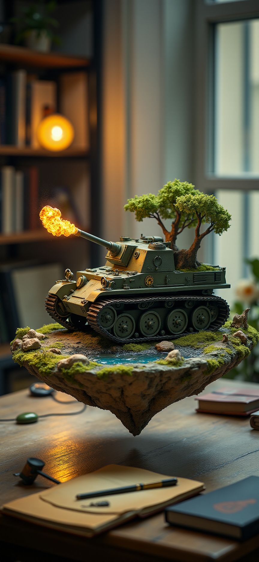 (indoor,very wide isometric view,tilt-shift lens:1.6), (windowless,miniature,miniature,diorama,miniature,diorama,PVC,plastic:2) ,  self propelled caterpillar artillery with hummer with flame at (floating island,levitating  island:1.5) on (table:2) at (study:2.5)   <lora:Diorama_Flux:1>