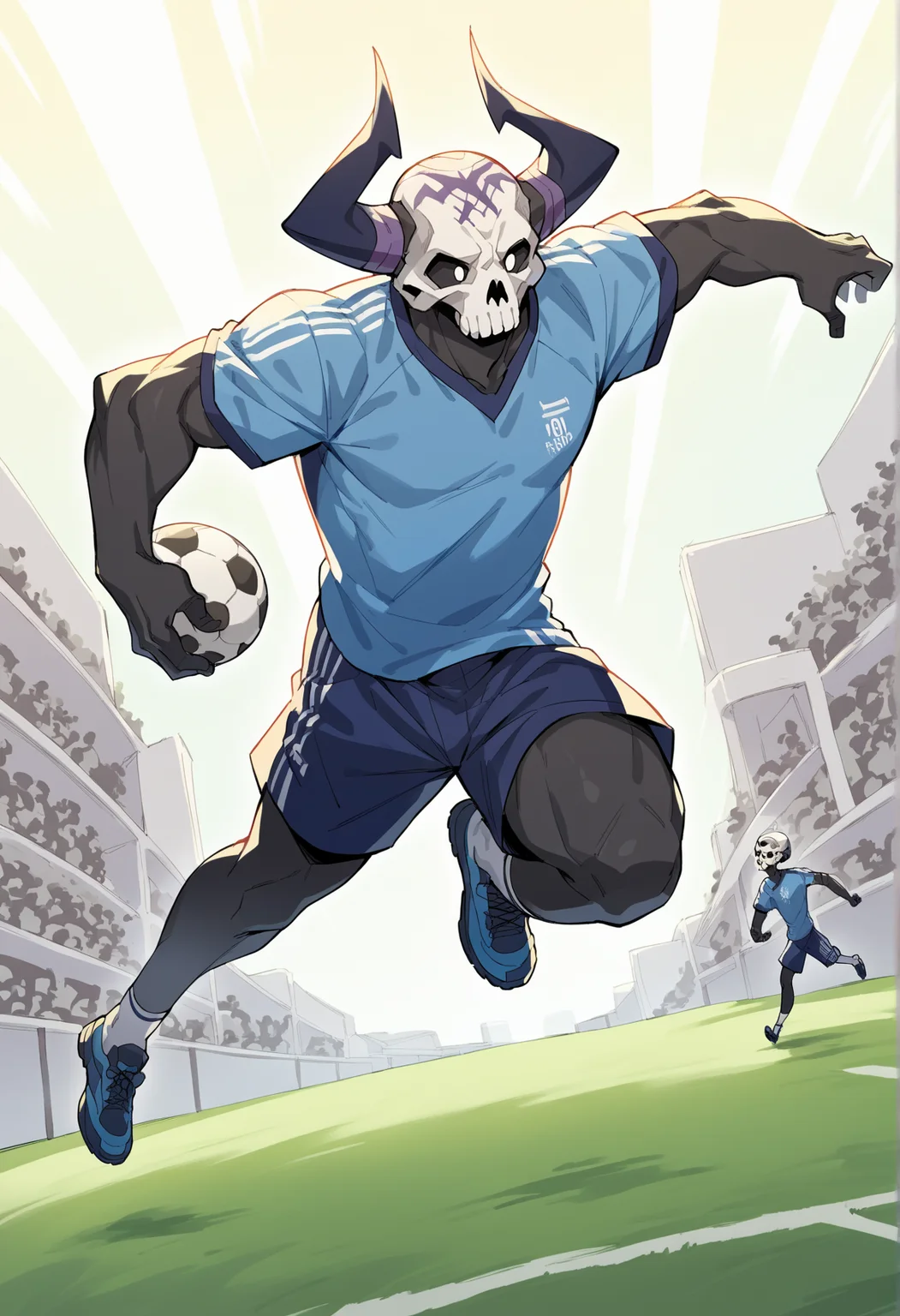 1boy, solo, skull, mask, horn, soccer, soccer uniform, running, colored skin, black skin <lora:First_Hassan:0.8>, score_9, score_8_up, score_7_up, score_6_up, score_5_up, score_4_up, BREAK source_anime, masterpiece