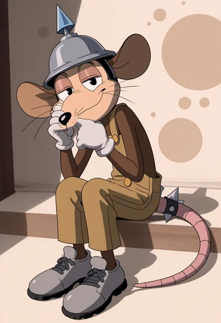 score_9, score_7_up, (masterpiece, extreme detail, best quality), solo focus, male, Werner Werman, mouse, black eyes, brown fur, whiskers, pointy nose, spiked helmet, rat tail, light brown overalls, lederhosen, grey footwear, grey shoes, perfect hands, white gloves, cartoon gloves, full-length portrait, skinny, petite, sitting, smile, half-closed eyes, smug, looking at viewer, flirty pose, source_photo, extremely detailed, pattern background, shadow, shading, hyperrealistic, bandaged tail