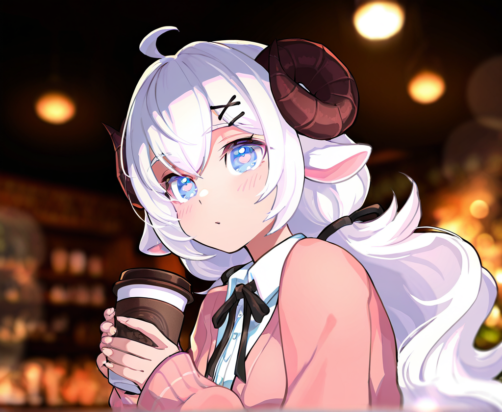 (highres, absurdres, wallpaper,masterpiece, best quality), masterpiece, best quality, very aesthetic, artist:[nobusawa osamu|yoneyama mai|fuzichoco|mika pikazo] (darkness:1.5),
DollieHitsujida, white hair, long hair, fluffy hair, ahoge, horns, sheep ears, blue eyes, heart shaped pupils, 1girl, solo, x hair ornament, normaloutfit, cafe, holding coffee cup, bokeh,  enchanting eyes
 <lora:noobai_vpred_1_masterpieces_v23:1>  <lora:DollieHitsujidav2EPOCH15:0.8>  (dynamic angle:1.5)  <lora:9_EnchantingEyes:0.6>  <lora:DarkSlider1.2_alpha1.0_rank16_full_300steps:-1>