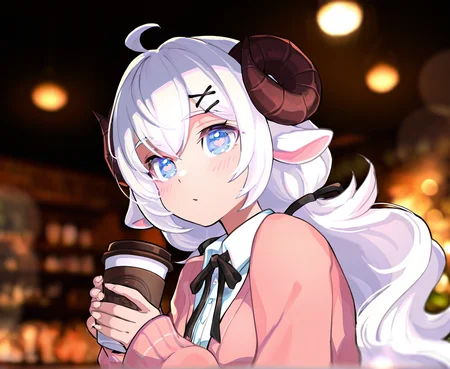 (highres, absurdres, wallpaper,masterpiece, best quality), masterpiece, best quality, very aesthetic, artist:[nobusawa osamu|yoneyama mai|fuzichoco|mika pikazo] (darkness:1.5),
DollieHitsujida, white hair, long hair, fluffy hair, ahoge, horns, sheep ears, blue eyes, heart shaped pupils, 1girl, solo, x hair ornament, normaloutfit, cafe, holding coffee cup, bokeh,  enchanting eyes
 <lora:noobai_vpred_1_masterpieces_v23:1>  <lora:DollieHitsujidav2EPOCH15:0.8>  (dynamic angle:1.5)  <lora:9_EnchantingEyes:0.6>  <lora:DarkSlider1.2_alpha1.0_rank16_full_300steps:-1>