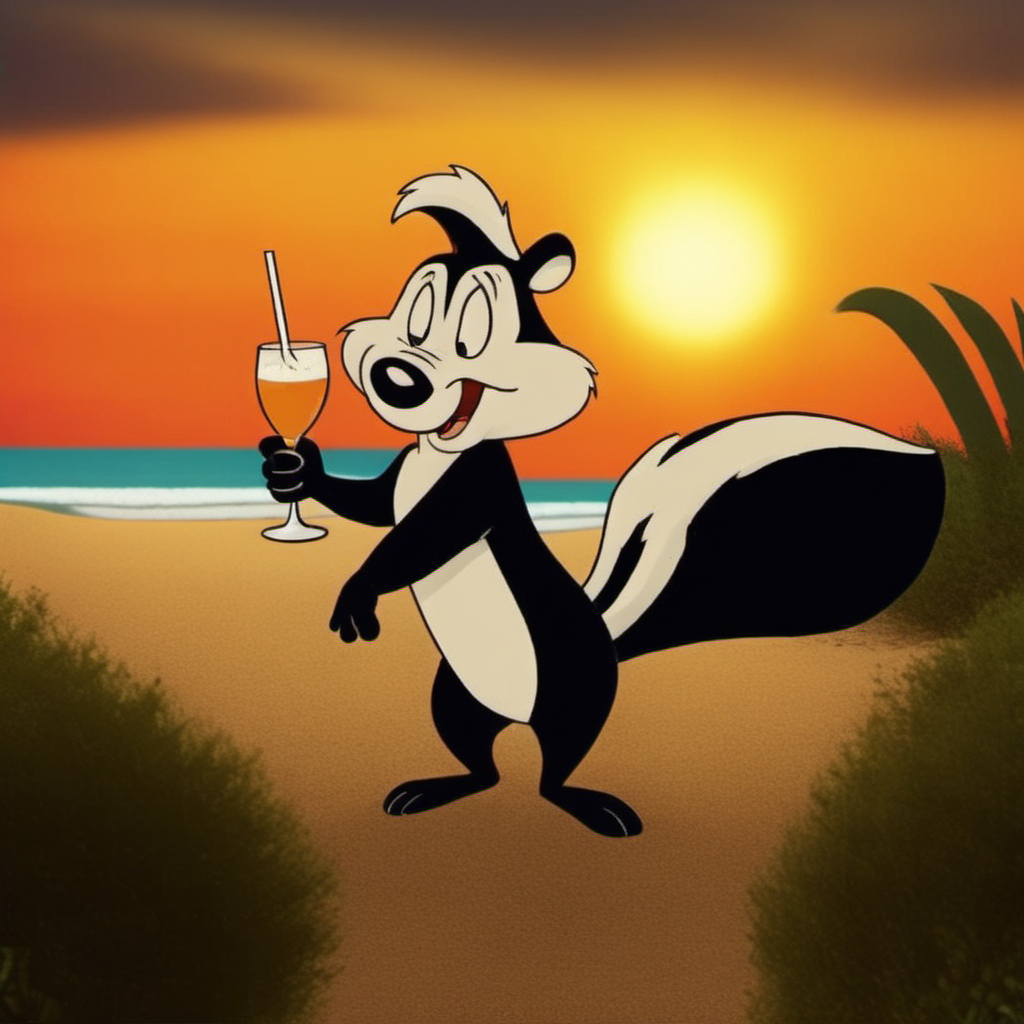 cinematic photo a cartoon character with a big furry tail,having a cocktail on the beach, sunset<lora:Pepe1024:0.8> . 35mm photograph, film, bokeh, professional, 4k, highly detailed