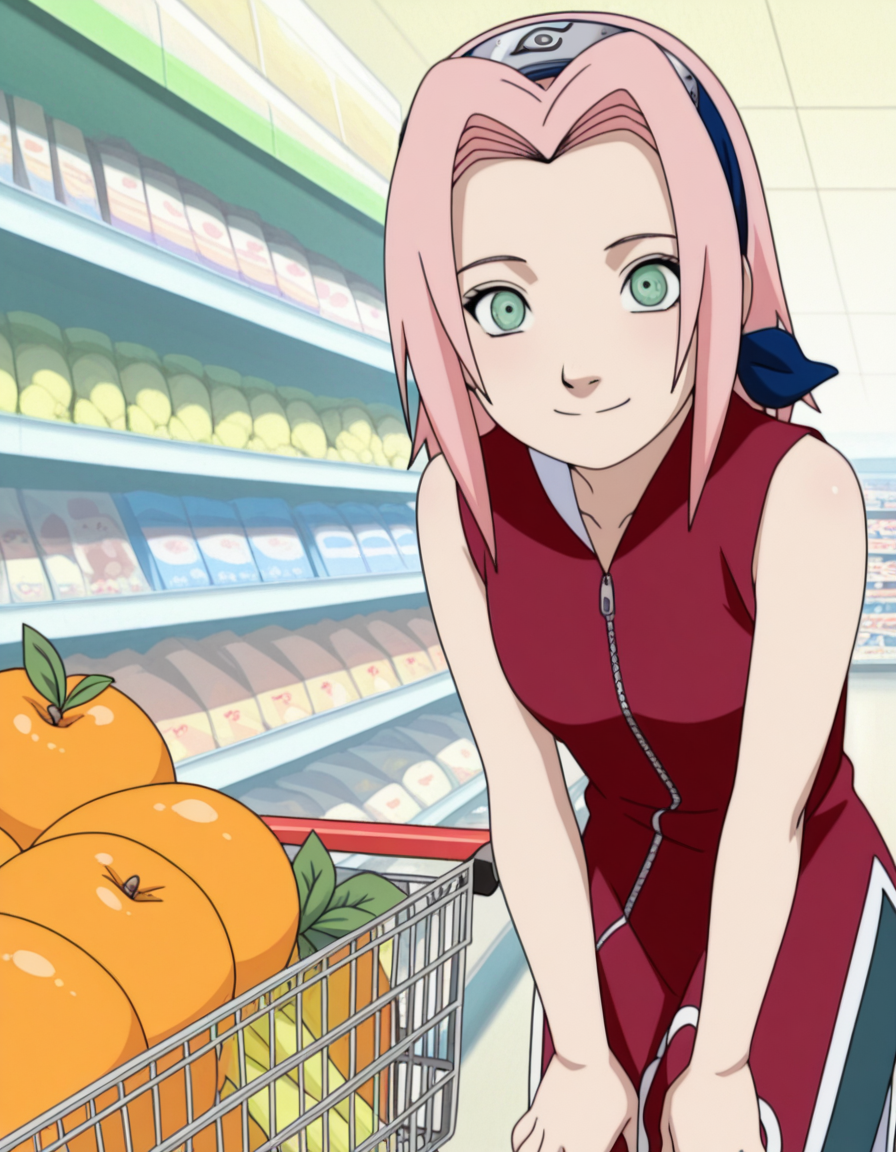 masterpiece, best quality, amazing quality,, <lora:sakura-haruno-s1-illustriousxl-lora-nochekaiser:1>, sakura haruno, medium hair, green eyes, pink hair, parted bangs, mature female, small breasts, anime screencap, dress, bare shoulders, collarbone, sleeveless, sleeveless dress, zipper, zipper pull tab, forehead protector,, grocery store, shopping cart, picking fruits, everyday life, smile, hands on own knees, looking at viewer, solo,, cowboy shot, solo