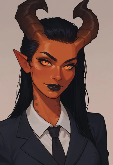score_9, score_8_up, score_7_up, solo, demon, succubus, orange skin, medium breasts, long black hair, demon horns, leopard spots, demon eyes, business suit, dark lipstick, close up, temptress