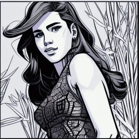 Portrait of an attractive young lady, flower field background, (by Jack Kirby:1.3), square ratio, <�color-page>