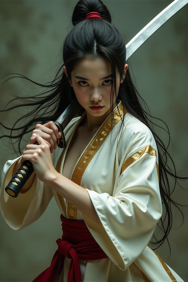 A surreal and dark atmostpheric painting of a beautiful woman samurai striking with a katana held across her body. The woman has fierce yet sensual face with a pale skin. She is wearing white robe with gold and red intricate details. Her untied long hair is across her face and partiall covers her eyes. Cinematic still with motion blur.âââ