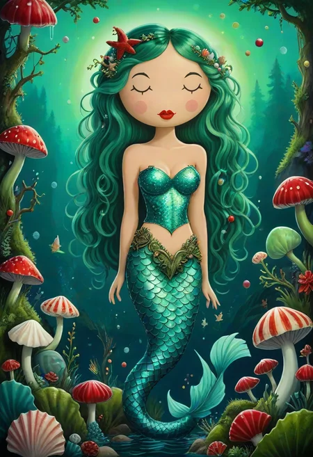 fantasy concept art, whimsical fairy tale elements, mermaid with a wavy hair, seafoam green scalloped tail fin, red lipstick, seashell belt,glittering hair comb, alien forest with glowing mushrooms, surrounded by orbs made of glowing epoxy, intricate details, ultra sharp, Exquisite detail, flawless composition, vivid colors, masterpiece, <lora:luciano-martins-sdxl-v1:0.8> a painting, in the style of luciano-martins