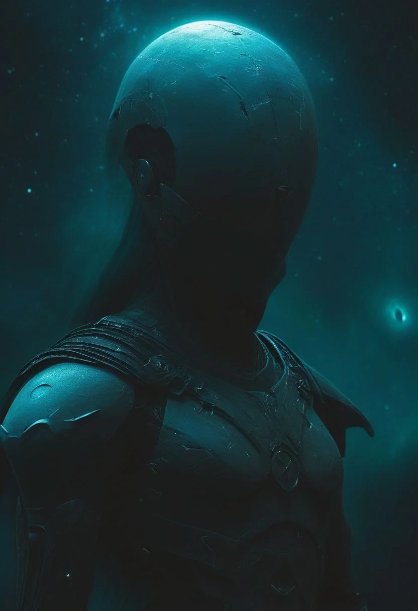 close-up of Eldar Farseer, mystical, glowing eyes, psychic energy swirling, elegant helmet, fine armor details, alien runes, starry night sky, psychic storm, floating slightly above ground, serene expression, ominous presence