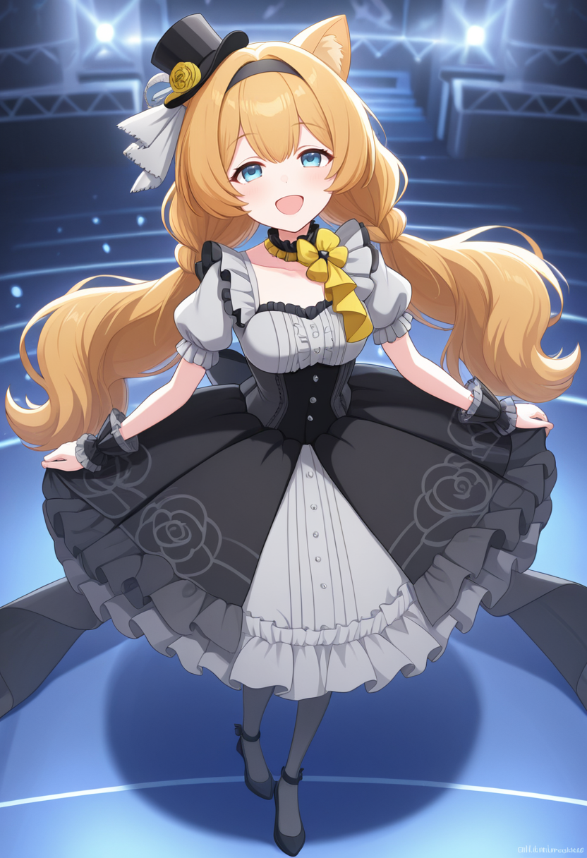 <lora:Mari__Blue_Archive:1.2>, animal ears, fullbody, idolmary, mini hat, stage, happy,