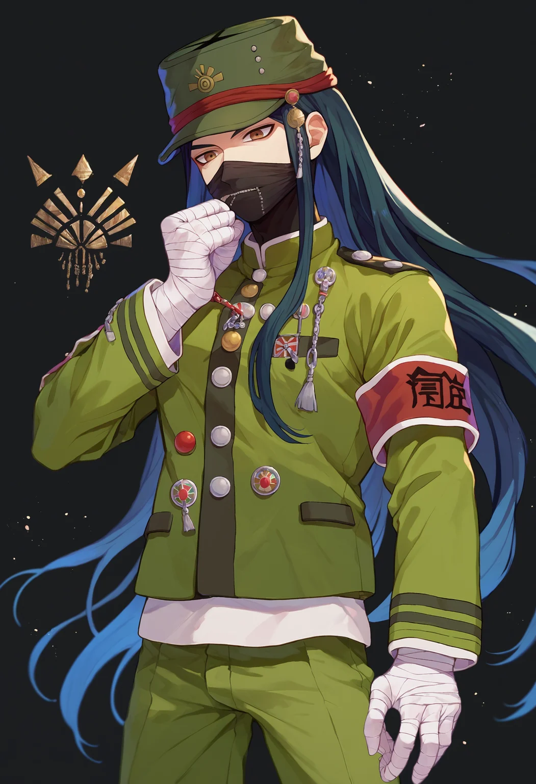 score_9_up score_8_up score_7_up, standing, black background
BREAK
shinguji korekiyo default, 1boy, long hair, mask, black hair, brown eyes, mouth mask, bandages, bandaged hand, jacket, peaked cap, hat, green headwear, school uniform, armband, pants, long sleeves, green jacket, gakuran, green pants
<lora:danganranpa_v3_pony_d16:1>