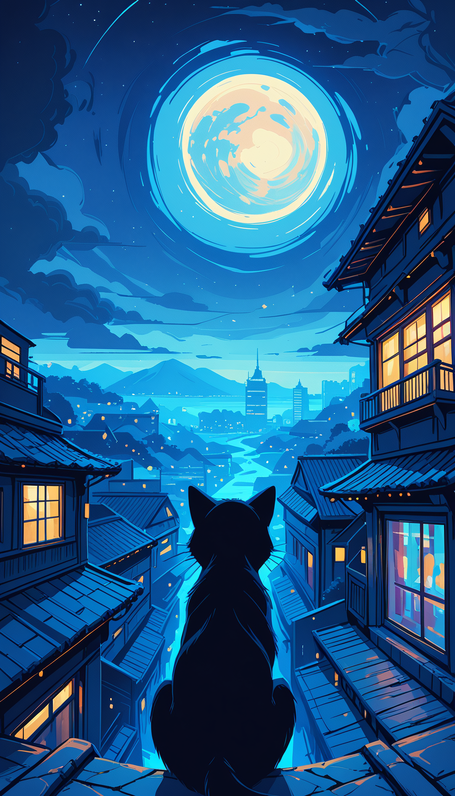 masterpiece, Shinkaistyle,
pinkretroanime, retro art,
Cyberpunk Style, cyberpunk, science fiction, hi tech, future tech, neon, (Cybernetics:1.25), (Neon Cityscape:1.4), (lineless:1.5), smooth edges, (lighten the face:1.5), tall body, slender body, fit body, long legs, In this captivating image, we are immersed in a tranquil scene set at night under a full moon. A cat sits prominently on the left side of the frame, gazing intently towards the right with its head slightly tilted upwards. The feline's fur is rendered in shades of black and gray, contrasting sharply against the dark background. The background features a small, wooden Japanese house nestled into a hillside. The house's thatched roof is visible, adding to the quaint charm of the scene. A set of stairs leading up to the entrance suggests an invitation for viewers to explore this cozy abode. The sky is a dark canvas, punctuated by the bright white glow of a full moon in the upper right corner. The moon's position and its radiant light create a sense of calm and serenity. The ground below the house is blanketed in snow, reflecting the soft light from the moon. In the bottom left corner, there's a solitary figure standing by the stairs to the house. This individual appears to be looking up at the night sky, perhaps lost in thought or admiring the celestial display. The color palette of the image is dominated by dark tones, with the exception of the moon and the interior lights of the house, which add a warm glow to the scene. The lighting creates dramatic shadows, enhancing the depth and complexity of the composition. In terms of action, the cat seems contemplative, while the solitary figure adds a dynamic element to the otherwise still scene. The overall atmosphere is one of peaceful solitude, with each element carefully placed to create a harmonious balance within the frame., solo, sitting, outdoors, sky, cloud, from behind, star \(symbol\), no humans, window, night, animal, traditional media, moon, squatting, cat, cloudy sky, crescent, building, star \(sky\), night sky, scenery, full moon, starry sky, stairs, city, cityscape, dark, architecture, black cat, house, animal focus, crescent moon, east asian architecture, skyscraper, fisheye, rooftop, city lights, town, chimney