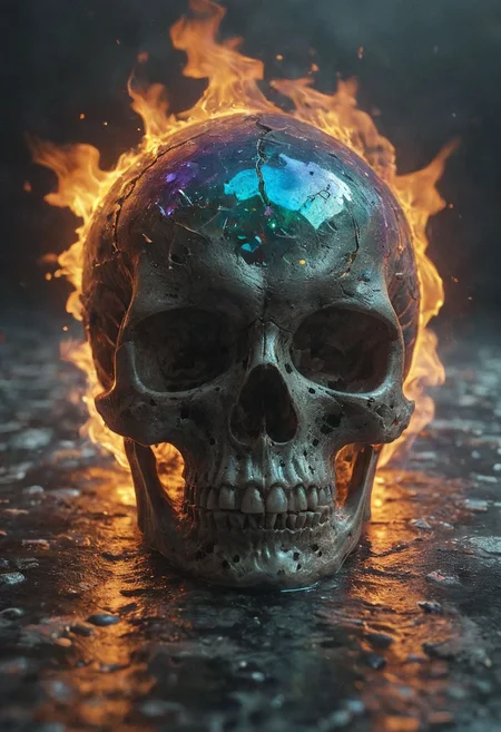 Skull made with crystalline carapace, iridescence color, fine reflection, water on the floor, reflections, intricate complexity details,
Wide range of colors., fire and ice, Dramatic,Dynamic,Cinematic,Sharp details
Insane quality. Insane resolution. Insane details. Masterpiece. 32k resolution.