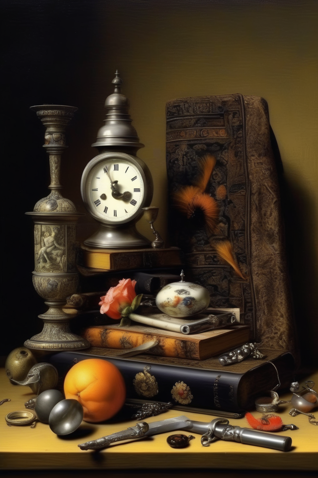 <lora:Pieter Claesz Style:1>Pieter Claesz Style - A still life composition of objects found in a particular place or culture